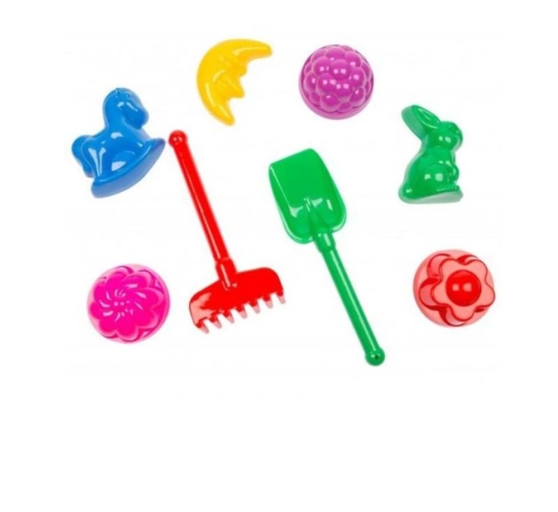 Kolorowy zestaw plażowy dla dzieci: 6 foremek, łopatka i grabki. Idealny na plażę, do piaskownicy i ogrodu. Polski producent 🇵🇱. Wysoka jakość i bezpieczne materiały!