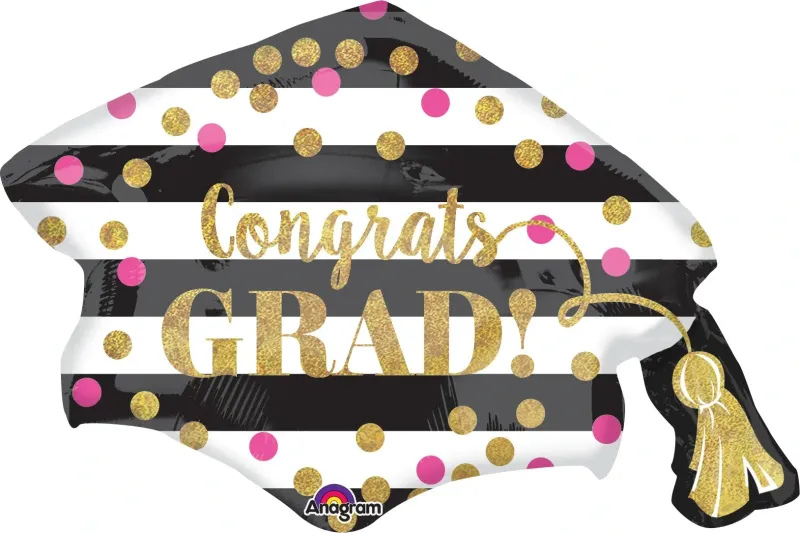 Foil Balloon Holographic Gold Confetti Grad Cap 31in