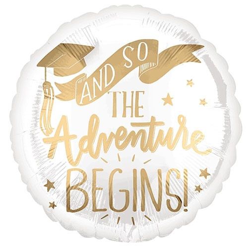 Foil Balloon The Adventure Begins White & Gold 18in