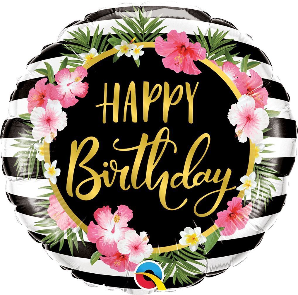 Foil Balloon Round Birthday Hibiscus Stripes 18in