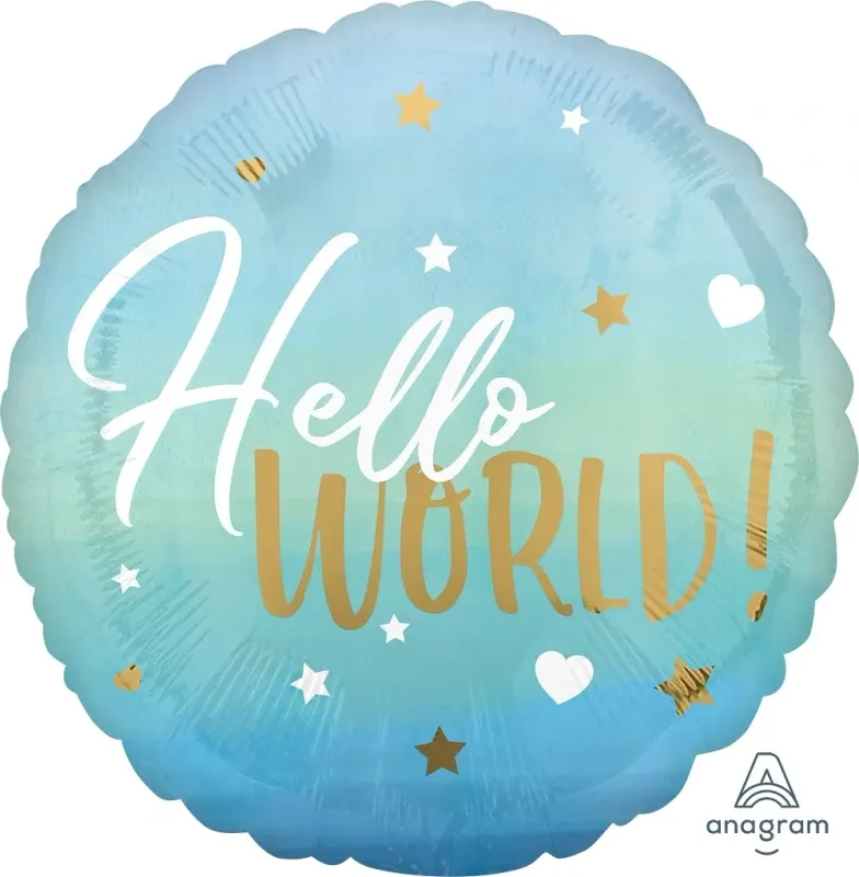 Foil balloon Hello World Baby Boy Blue 18in