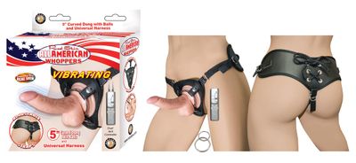 ALL AMERICAN WHOPPERS VIBRATING 5&quot; CURVED DONG W/BALLS &amp; UNIVERSAL HARNESS-WHITE - #2803-1