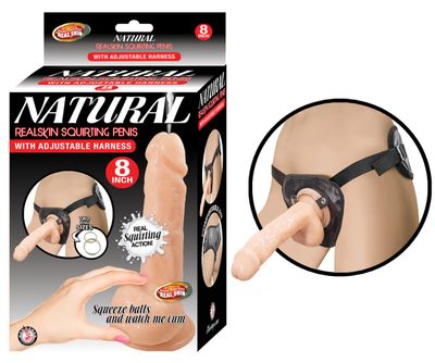 NATURAL REALSKIN SQUIRTING PENIS W/ADJUSTABLE HARNESS 8&quot;-WHITE - #2860