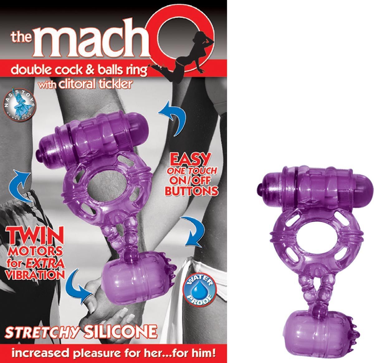 THE MACHO DOUBLE COCK &amp; BALLS RING W/ CLITORAL TICKLER-PURPLE - #2023-2