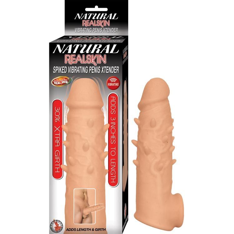 NATURAL REALSKIN SPIKED VIBRATING PENIS XTENDER-WHITE - #2958-1