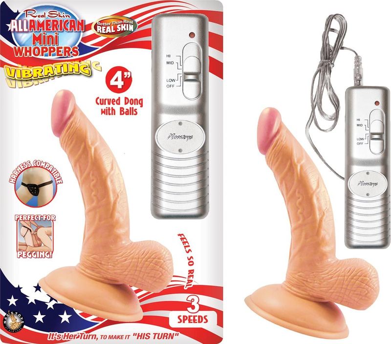 ALL AMERICAN MINI WHOPPERS VIBRATING 4&quot; CURVED DONG W/ BALLS - WHITE - #2391-1