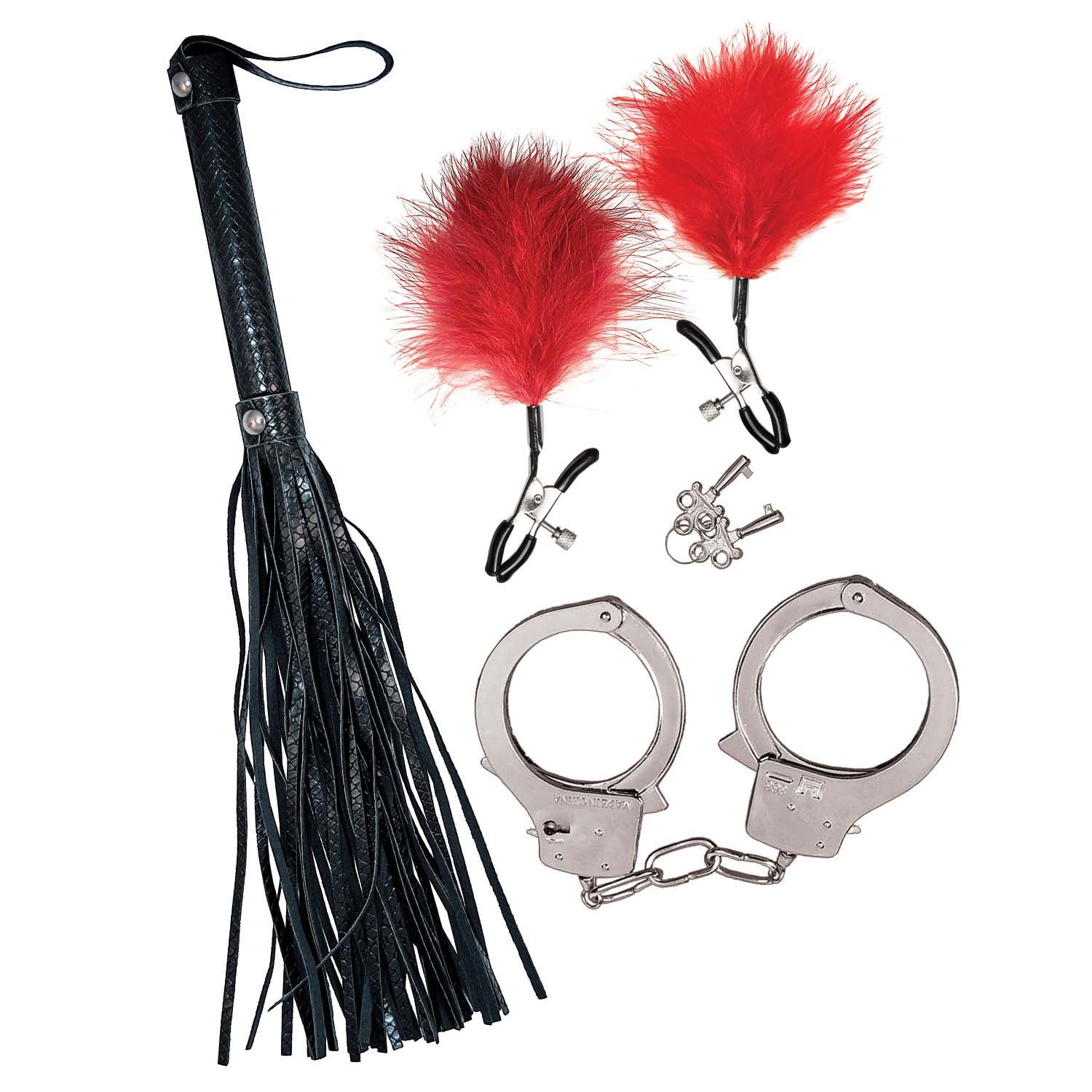 BONDAGE BY NASSTOYS WHIP, FEATHER &amp; CUFFS-RED - #3187-1