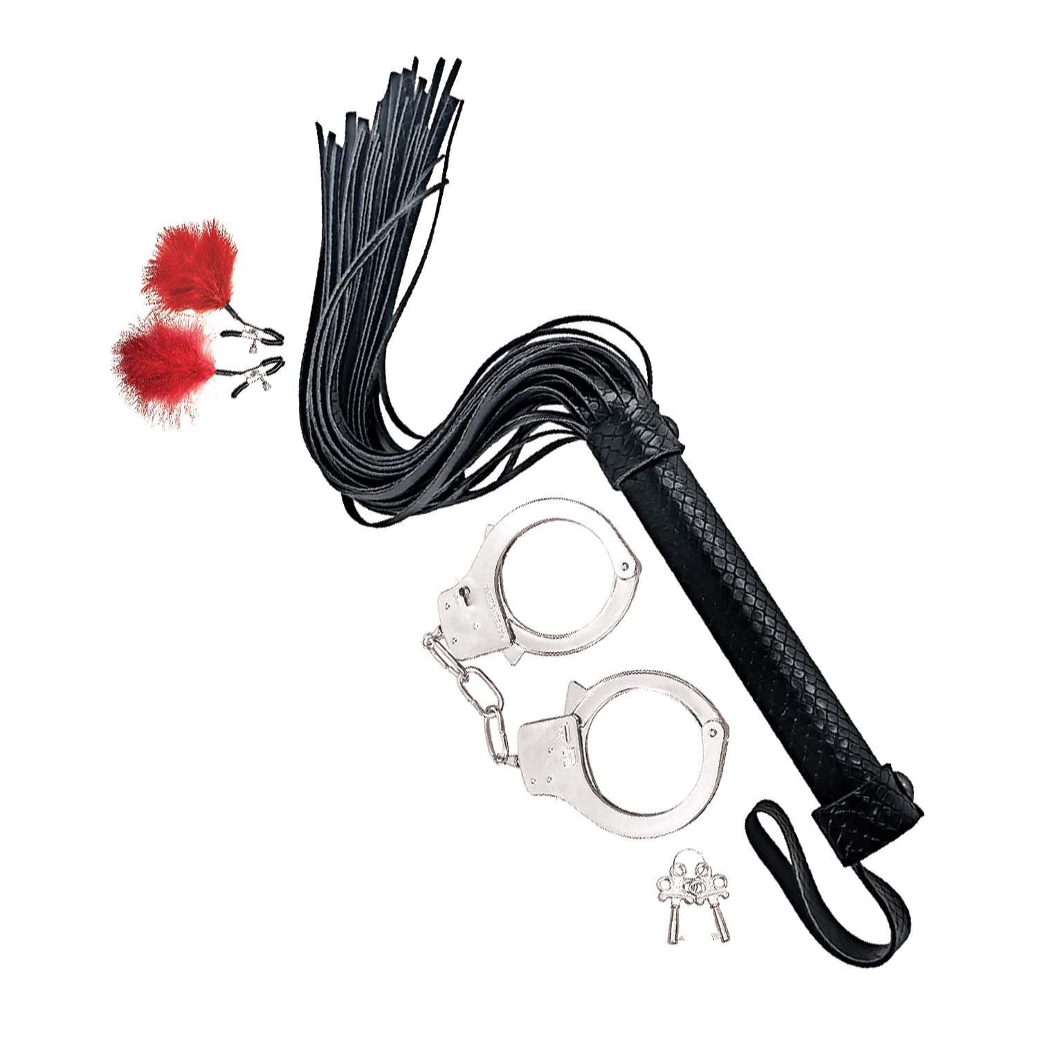 BONDAGE BY NASSTOYS WHIP, FEATHER &amp; CUFFS-RED - #3187-1