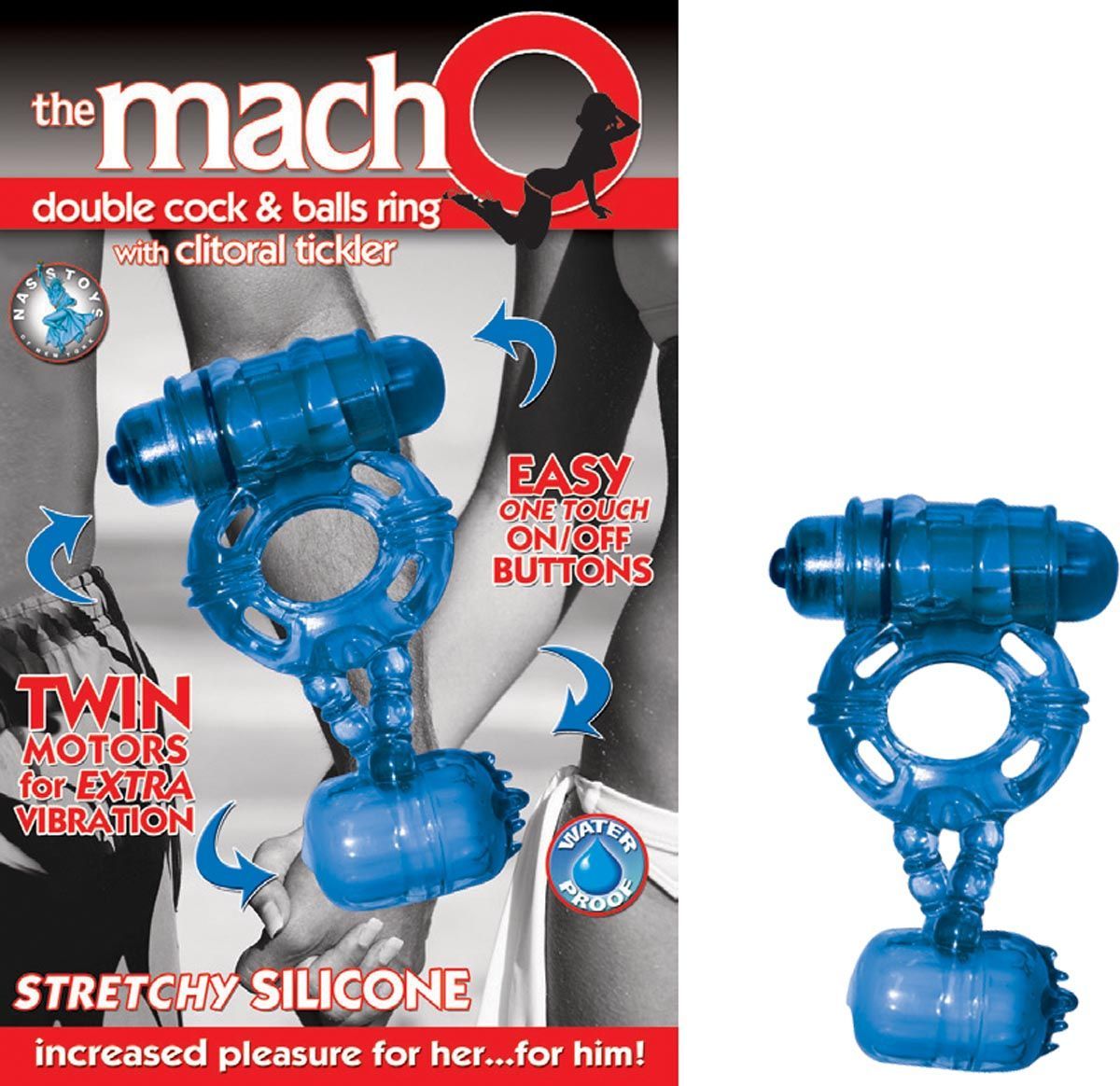 THE MACHO DOUBLE COCK &amp; BALLS RING W/ CLITORAL TICKLER-BLUE - #2023-1