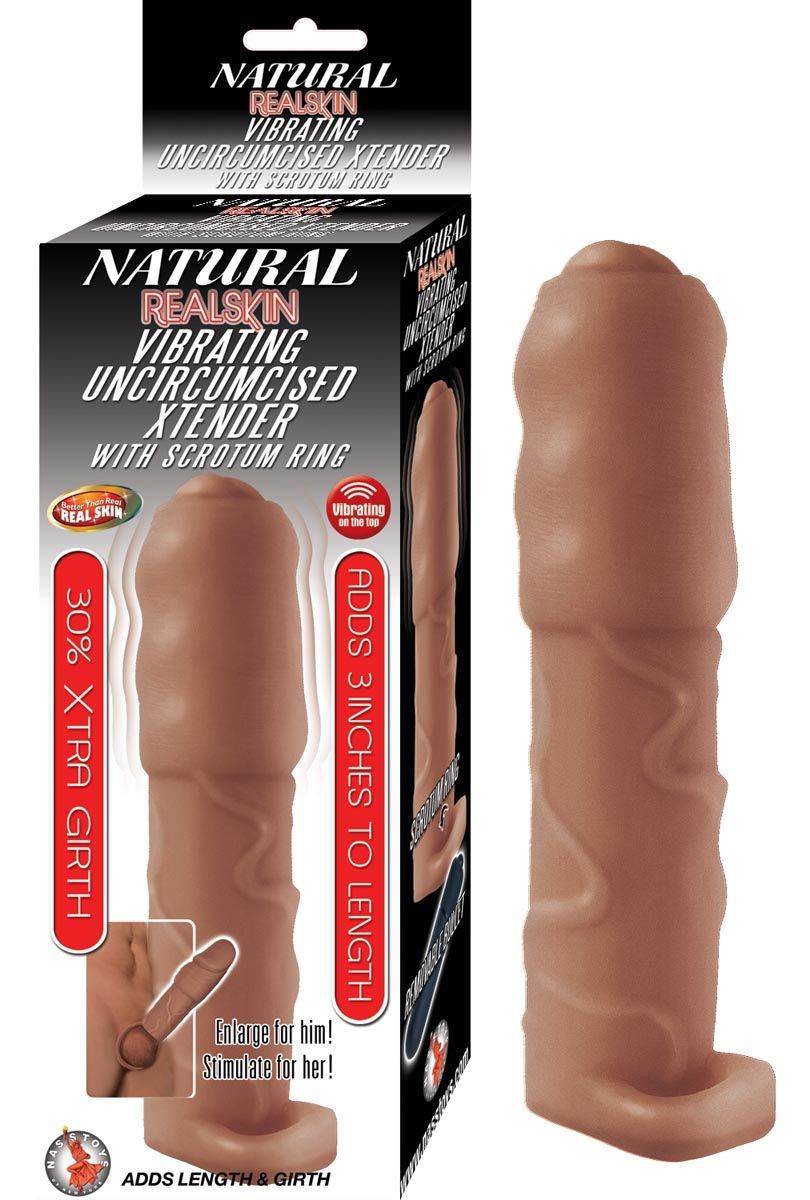 NATURAL REALSKIN VIBRATING UNCIRCUMCISED XTENDER WITH SCROTUM RING-BROWN - #2932-2