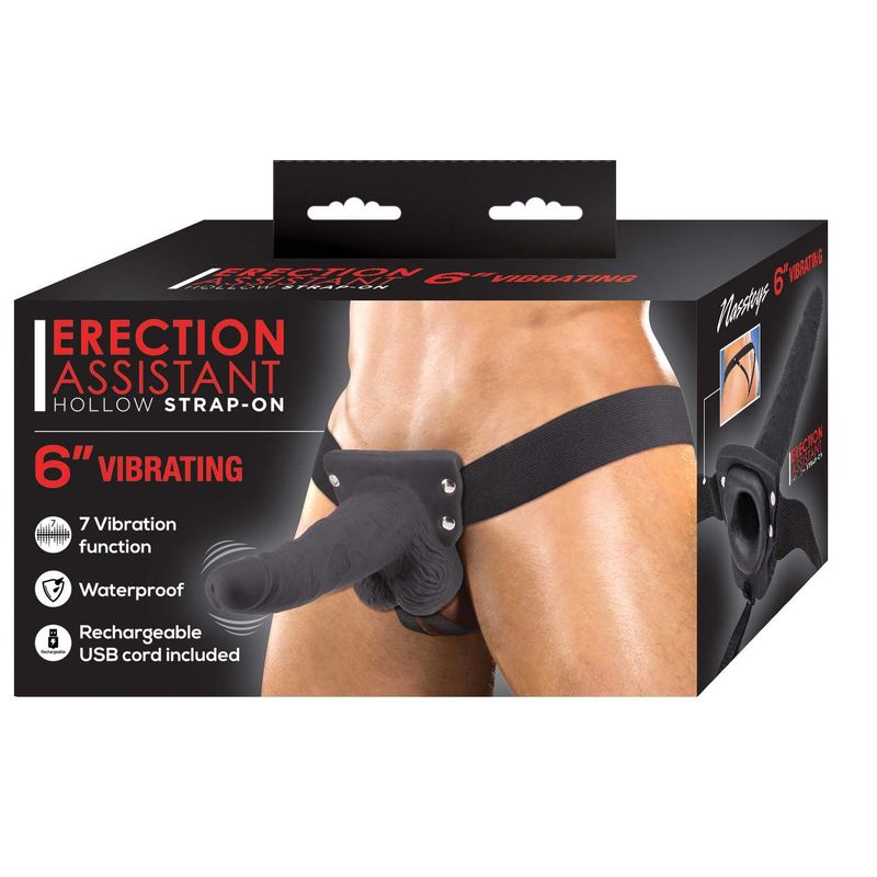 ERECTION ASSISTANT HOLLOW STRAP-ON 6&quot; VIBRATING-BLACK - #3079-2