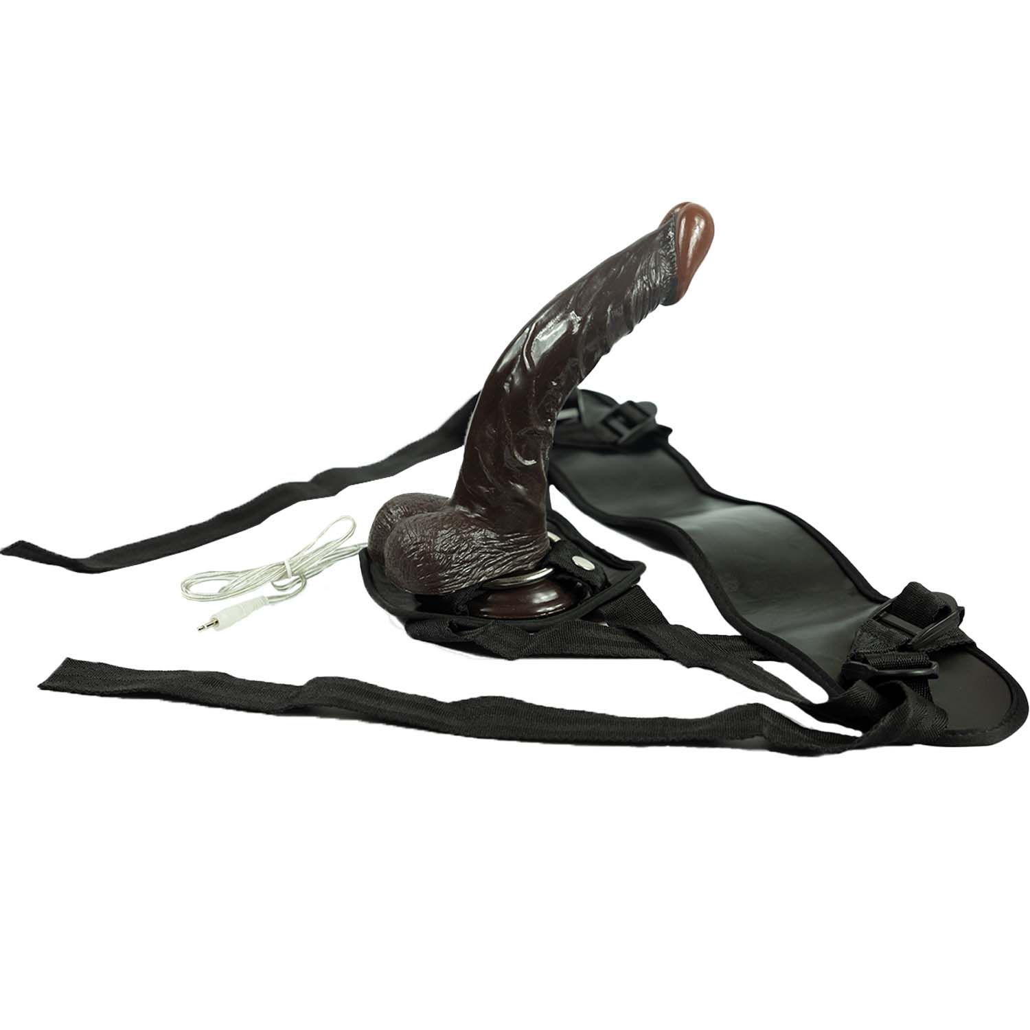 AFRO AMERICAN WHOPPERS VIBRATING 8&quot; DONG WITH UNIVERSAL HARNESS - BROWN - #2328-3