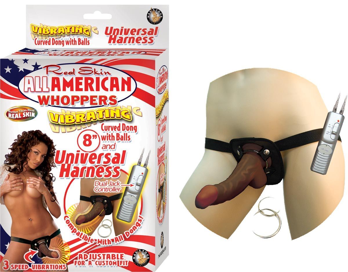 AFRO AMERICAN WHOPPERS VIBRATING 8&quot; DONG WITH UNIVERSAL HARNESS - BROWN - #2328-3