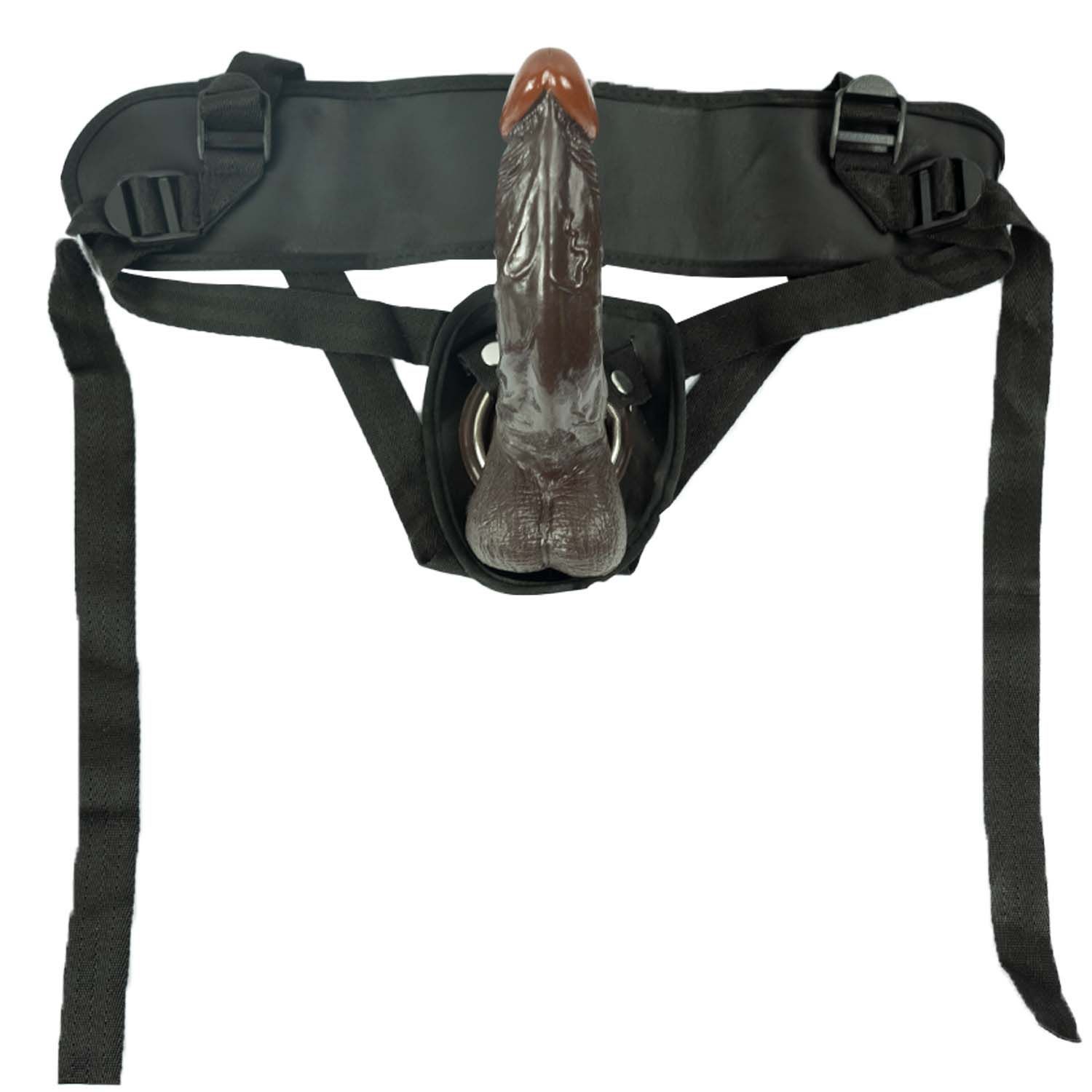 AFRO AMERICAN WHOPPERS VIBRATING 8&quot; DONG WITH UNIVERSAL HARNESS - BROWN - #2328-3