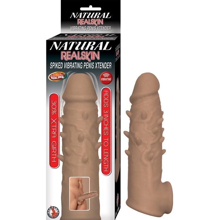 NATURAL REALSKIN SPIKED VIBRATING PENIS XTENDER-BROWN - #2958-2