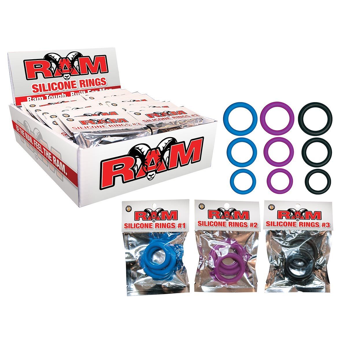 RAM SILICONE RINGS POP BOX - PURPLE/BLUE/BLACK - #2591