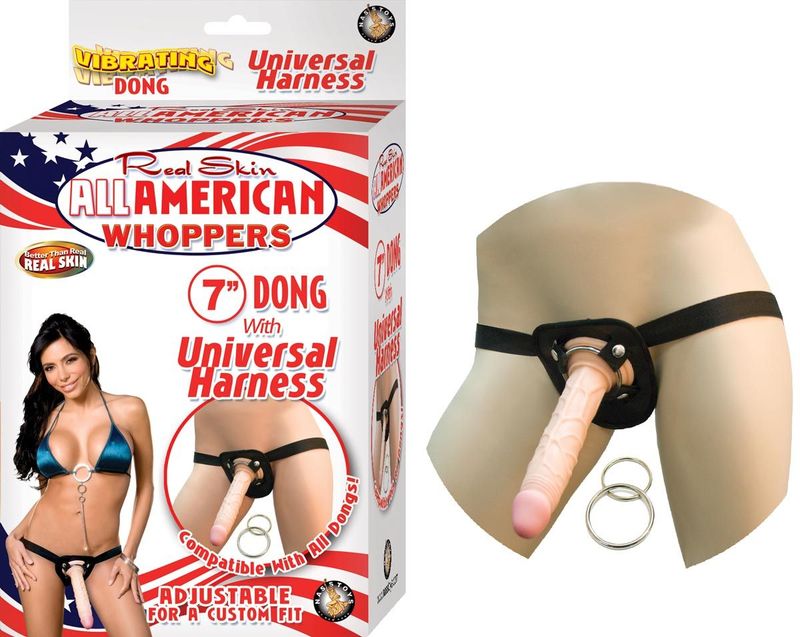 ALL AMERICAN WHOPPERS 7&quot; DONG WITH UNIVERSAL HARNESS - WHITE - #2325-1