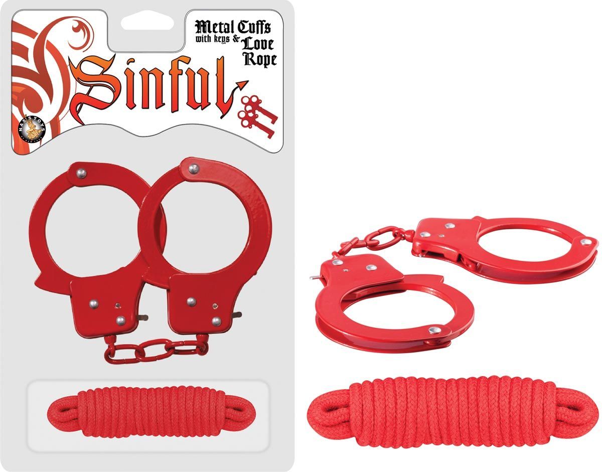 SINFUL METAL CUFFS WITH KEYS &amp; LOVE ROPE - RED - #2544-1