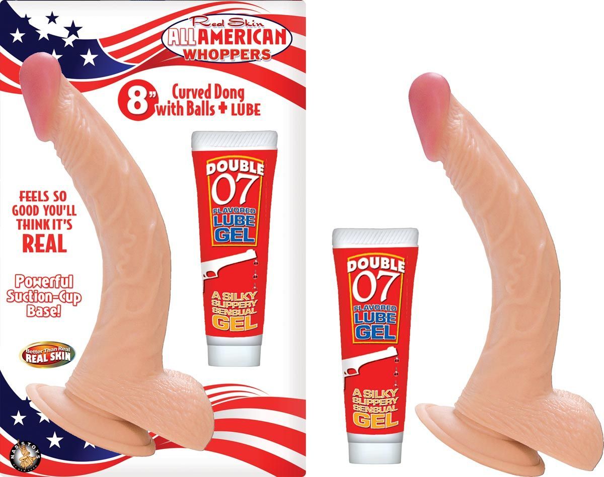 ALL AMERICAN WHOPPERS 8&quot; CURVED DONG WITH BALLS + LUBE - WHITE - #2455
