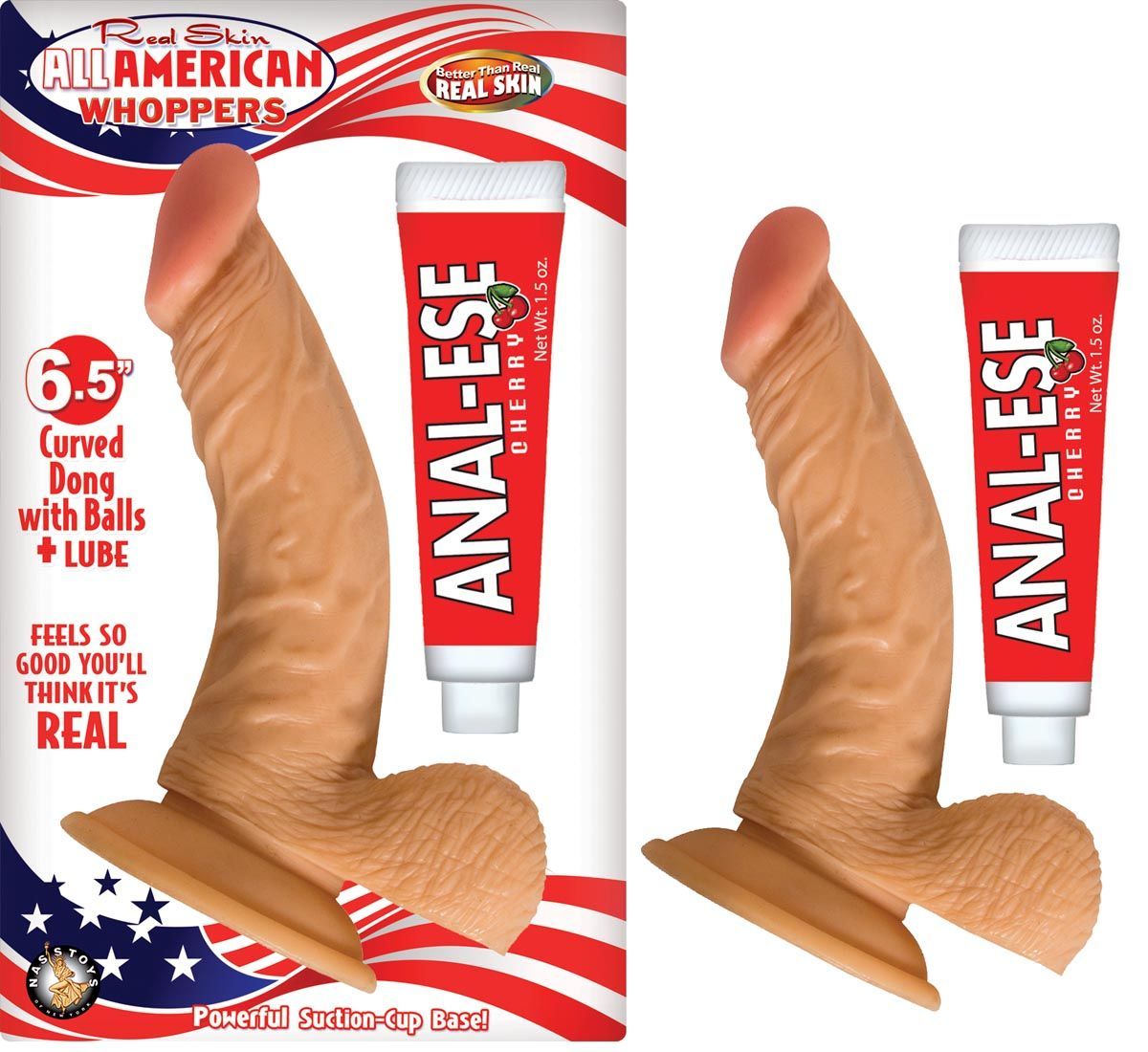 ALL AMERICAN WHOPPERS 6.5&quot; CURVED DONG WITH BALLS + LUBE - WHITE - #2448