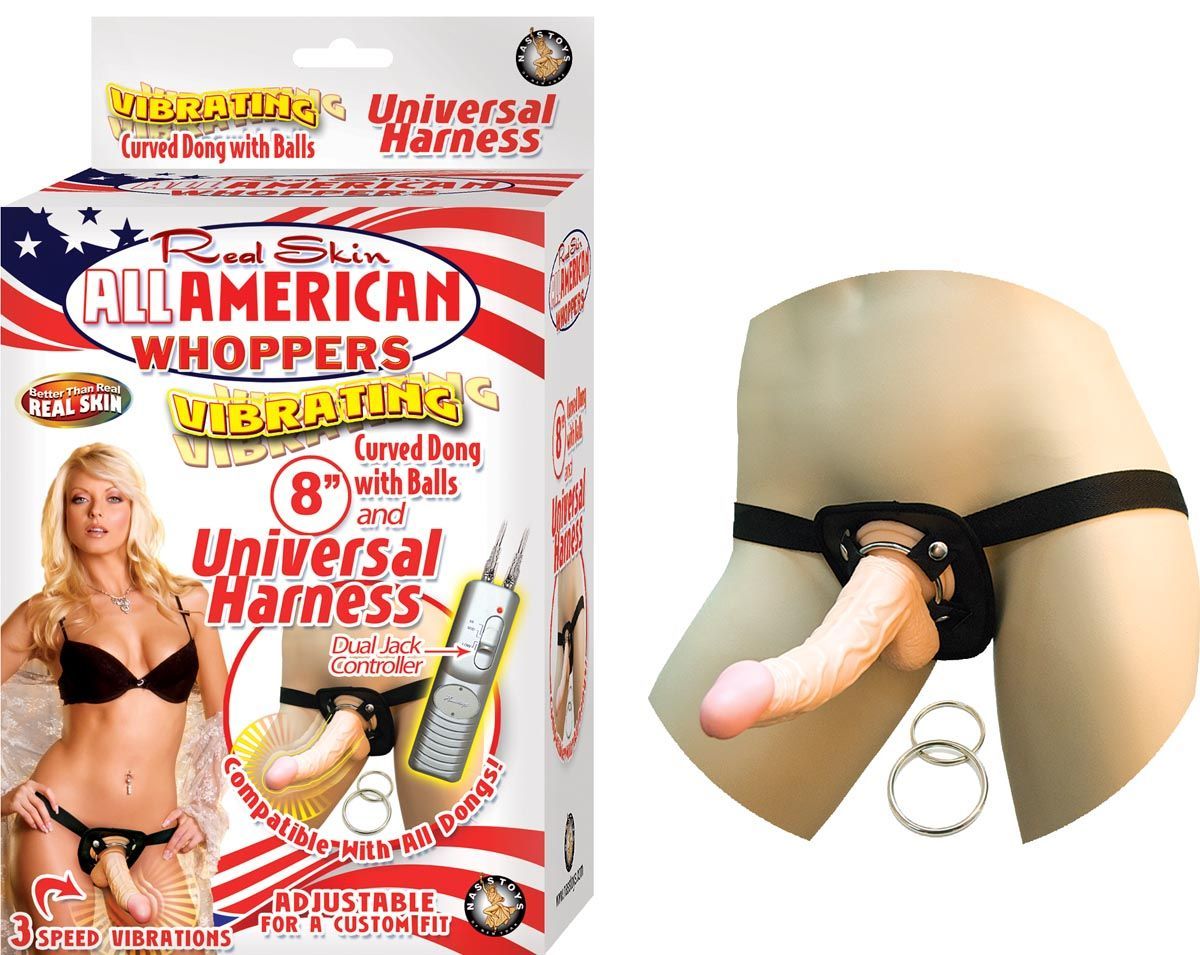 ALL AMERICAN WHOPPERS VIBRATING 8&quot; DONG WITH UNIVERSAL HARNESS - WHITE - #2328-1