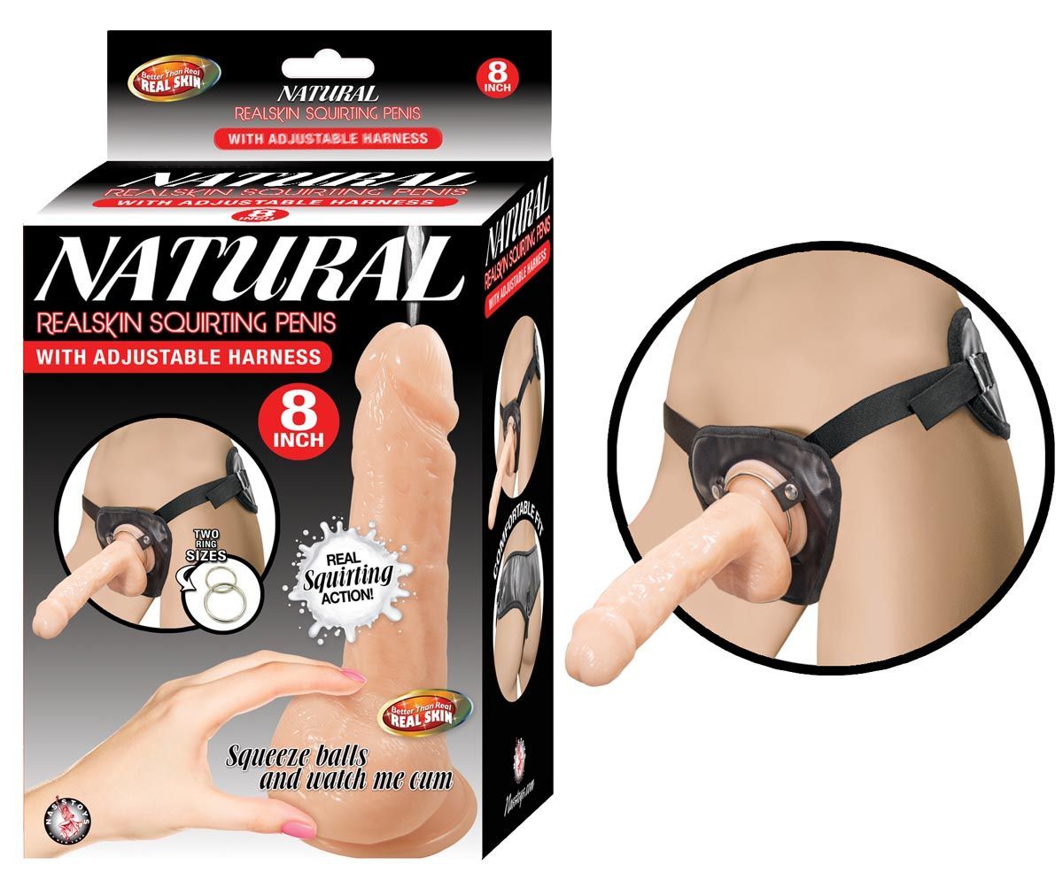 NATURAL REALSKIN SQUIRTING PENIS W/ADJUSTABLE HARNESS 8&quot;-WHITE - #2860
