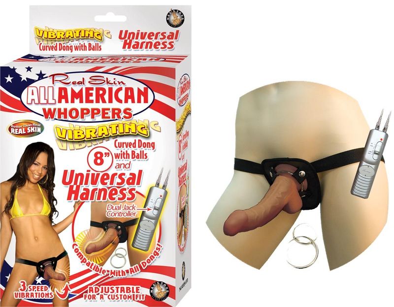 LATIN AMERICAN WHOPPERS VIBRATING 8&quot; DONG WITH UNIVERSAL HARNESS - #2328-2