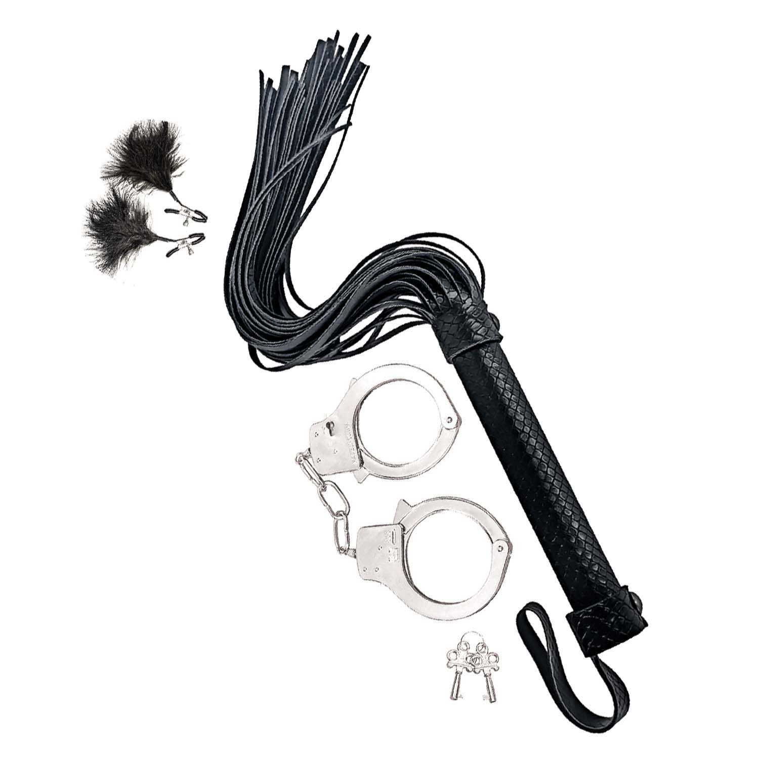 BONDAGE BY NASSTOYS WHIP, FEATHER &amp; CUFFS-BLACK - #3187-2