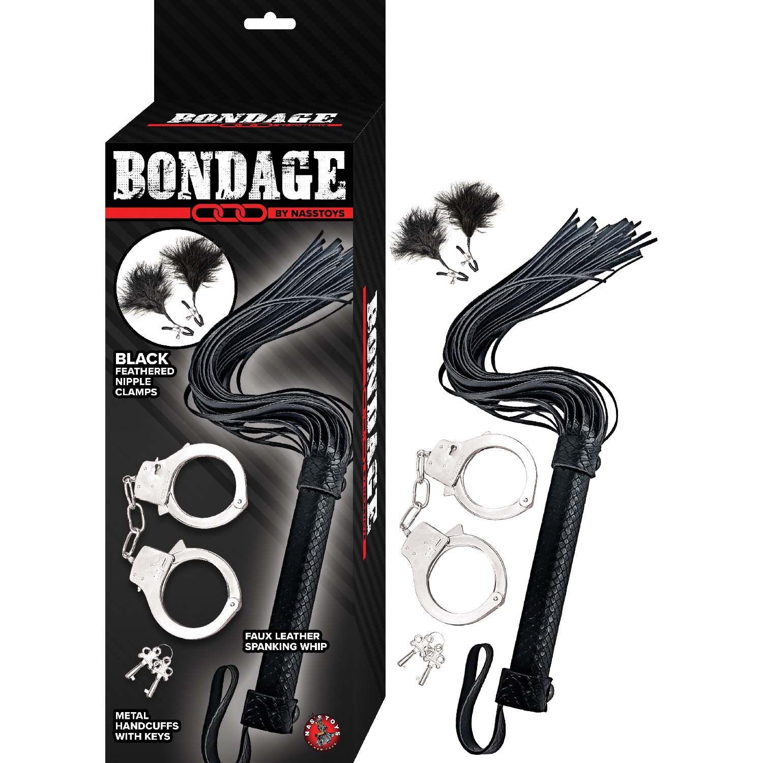 BONDAGE BY NASSTOYS WHIP, FEATHER &amp; CUFFS-BLACK - #3187-2