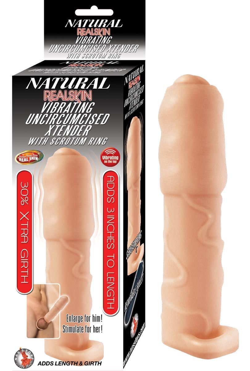 NATURAL REALSKIN VIBRATING UNCIRCUMCISED XTENDER WITH SCROTUM RING-WHITE - #2932-1