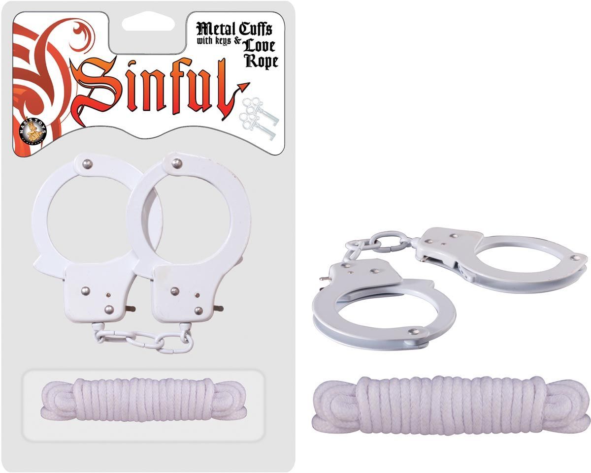 SINFUL METAL CUFFS WITH KEYS &amp; LOVE ROPE - WHITE - #2544-2
