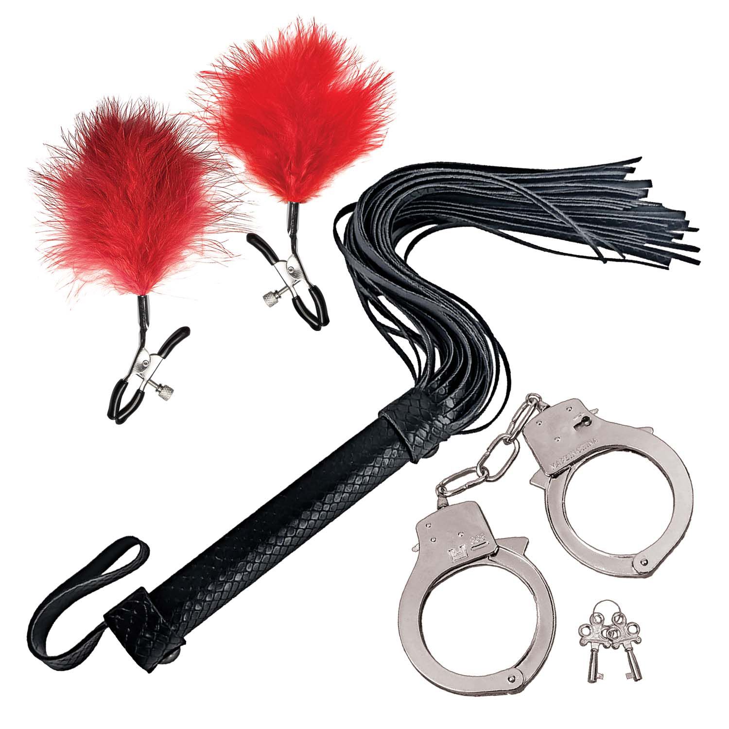 BONDAGE BY NASSTOYS WHIP, FEATHER &amp; CUFFS-RED - #3187-1