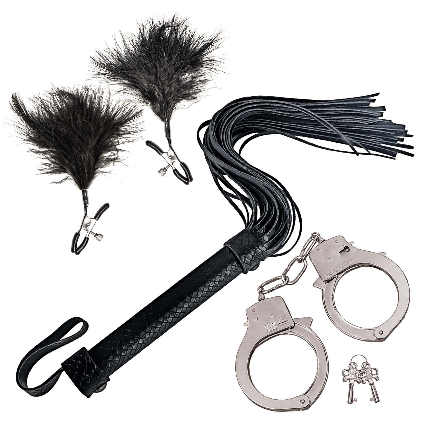 BONDAGE BY NASSTOYS WHIP, FEATHER &amp; CUFFS-BLACK - #3187-2