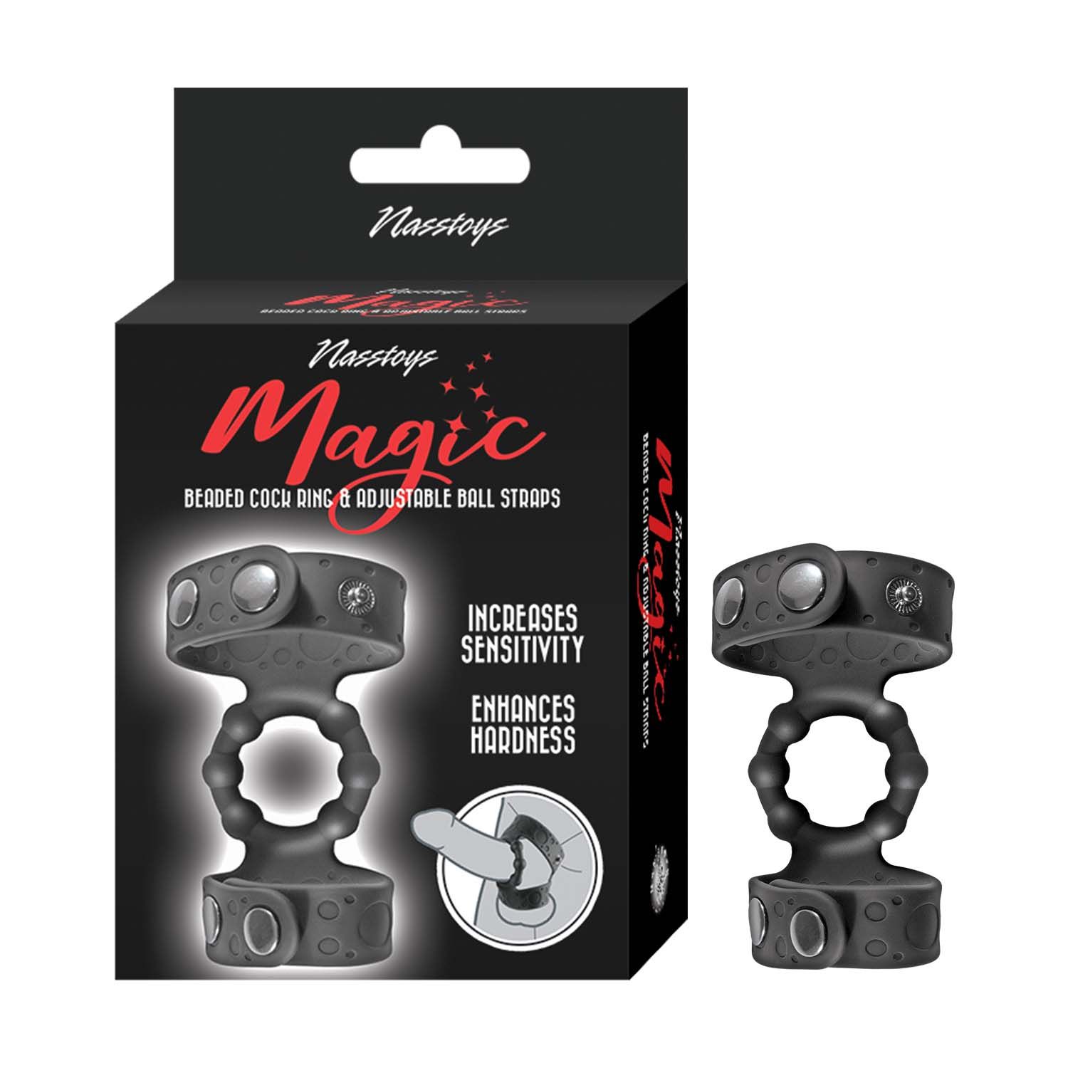 MAGIC BEADED COCK RING &amp; ADJUSTABLE BALL STRAPS-BLACK -#3303