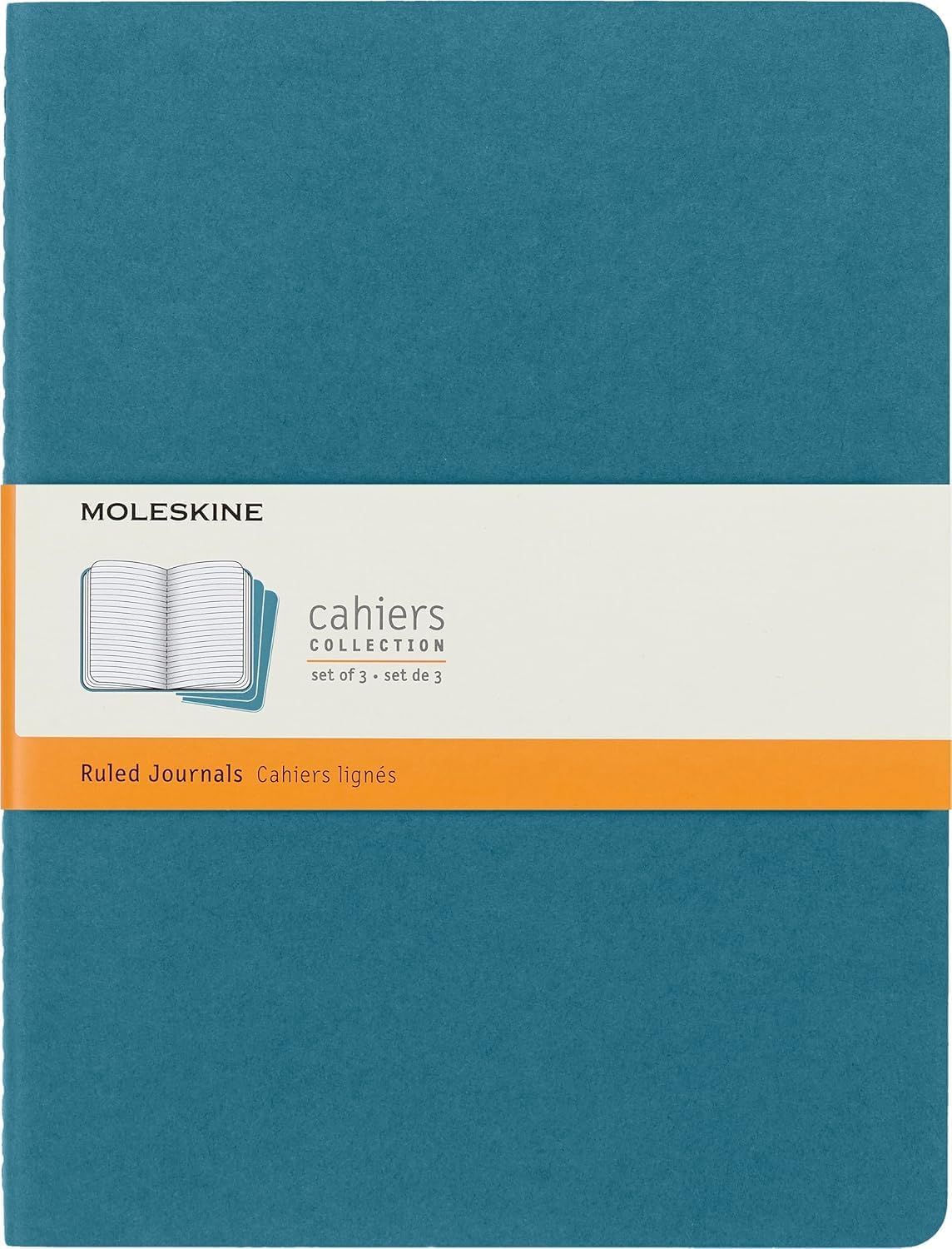 Moleskine Cahier Journal, Soft Cover, X Large Ruled/Lined, Brisk Blue, 120 Pages (7.5" x 9.75") (Set of 3)
