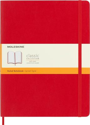 Moleskine Classic Notebook, Soft Cover, X Large, Ruled, Scarlet Red, 192 Pages, (7.5" x 9.5")