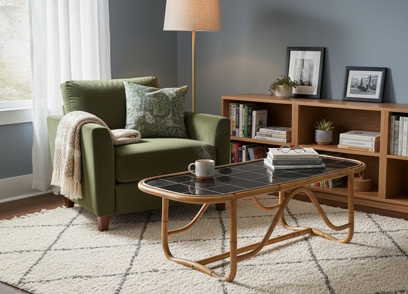 ✨🪴Vintage bamboe salontafel met zwart kunststof blad