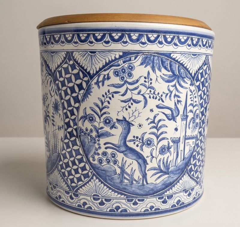 Handgeschilderd blauw-wit keramiek met sierlijk patroon en landschap met dieren