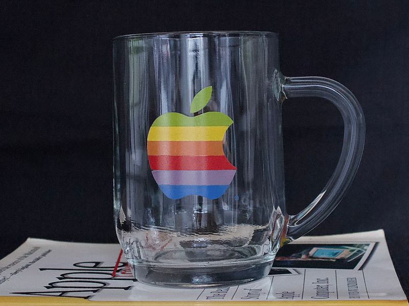 Originele vintage Apple computer glazen mok, 6 color rainbow logo (made in France)