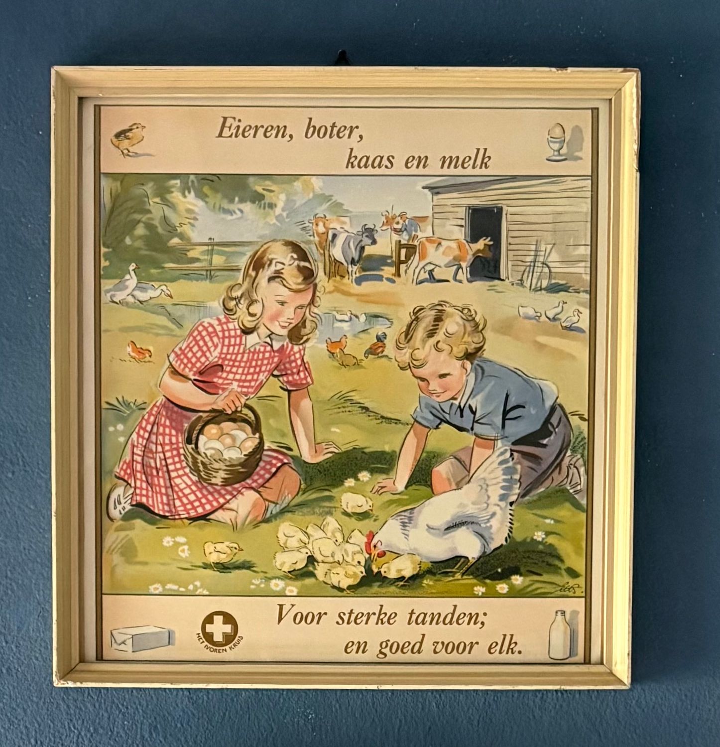 Vintage poster Het Ivoren Kruis in houten lijst met boerderij-illustratie en tekst over eieren, boter, kaas en melk.