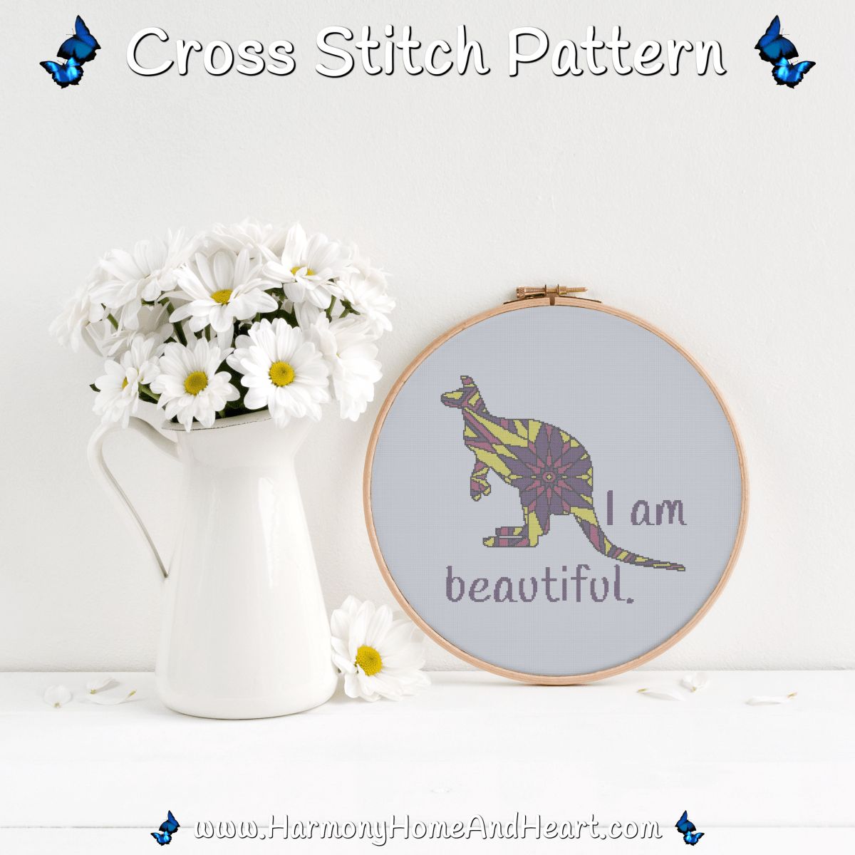 Australian Animal - Kangaroo - I Am Beautiful - Affirmation Cross Stitch Pattern