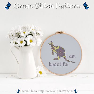 Australian Animal - Kangaroo - I Am Beautiful - Affirmation Cross Stitch Pattern