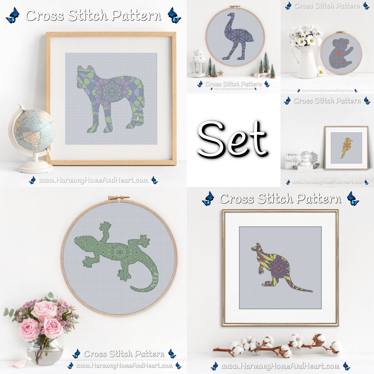 Set of Six Australian Animals - Kookaburra, Emu, Kangaroo, Dingo, Gecko and Koala - Mandala Silhouettes - Cross Stitch Patterns - Save Over 33% - Bundle