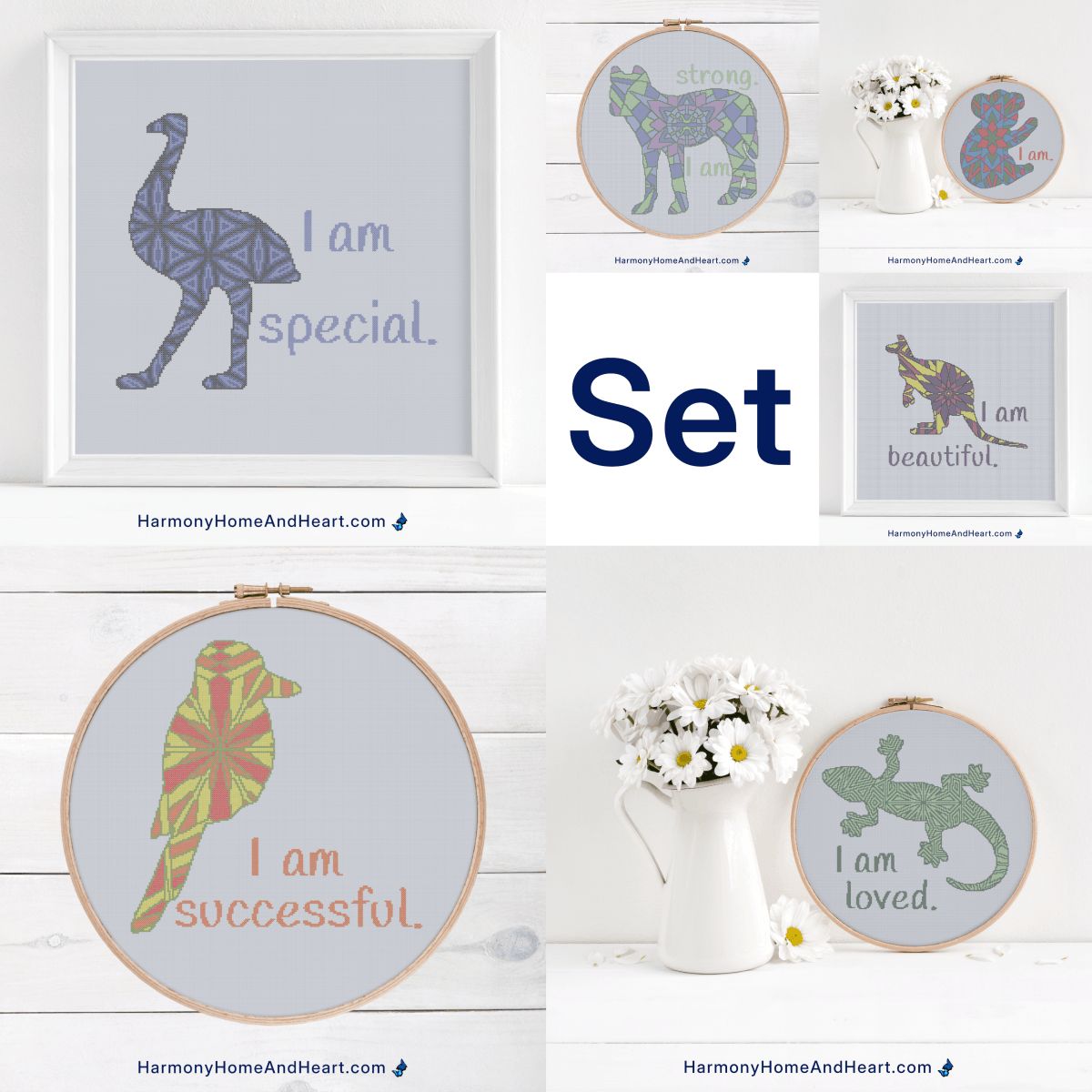 Set of Six Australian Animals - Kookaburra, Emu, Kangaroo, Dingo, Gecko and Koala - I am Affirmations - Cross Stitch Patterns - Save Over 33% - Bundle Set of Six Australian Animals - Kookaburra, Emu, Kangaroo, Dingo, Gecko and Koala - I am Affirmations - Cross Stitch Patterns - Save Over 33% - Bundle