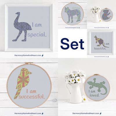 Set of Six Australian Animals - Kookaburra, Emu, Kangaroo, Dingo, Gecko and Koala - I am Affirmations - Cross Stitch Patterns - Save Over 33% - Bundle