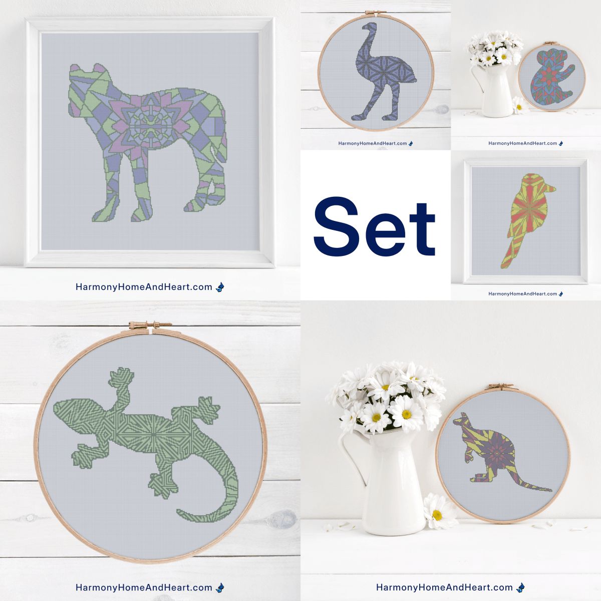 Set of Six Australian Animals - Kookaburra, Emu, Kangaroo, Dingo, Gecko and Koala - Mandala Silhouettes - Cross Stitch Patterns - Save Over 33% - Bundle Set of Six Australian Animals - Kookaburra, Emu, Kangaroo, Dingo, Gecko and Koala - Mandala Silhouettes - Cross Stitch Patterns - Save Over 33% - Bundle