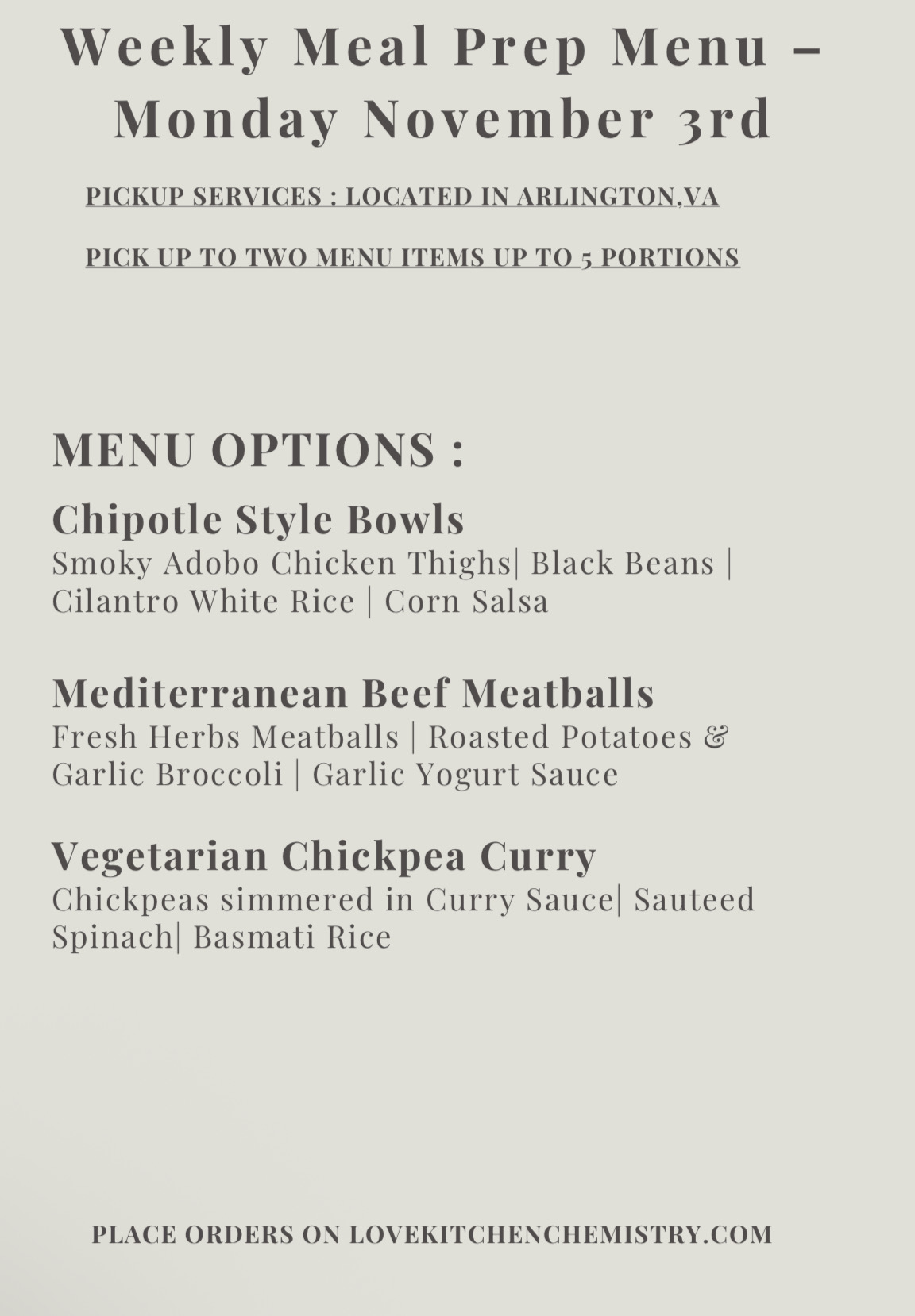 MEAL PREP MENU - NOVEMBER 3RD