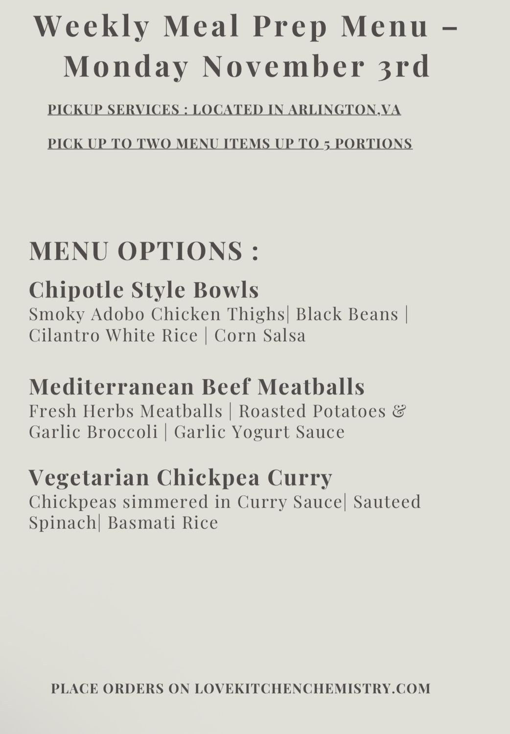 MEAL PREP MENU - NOVEMBER 3RD