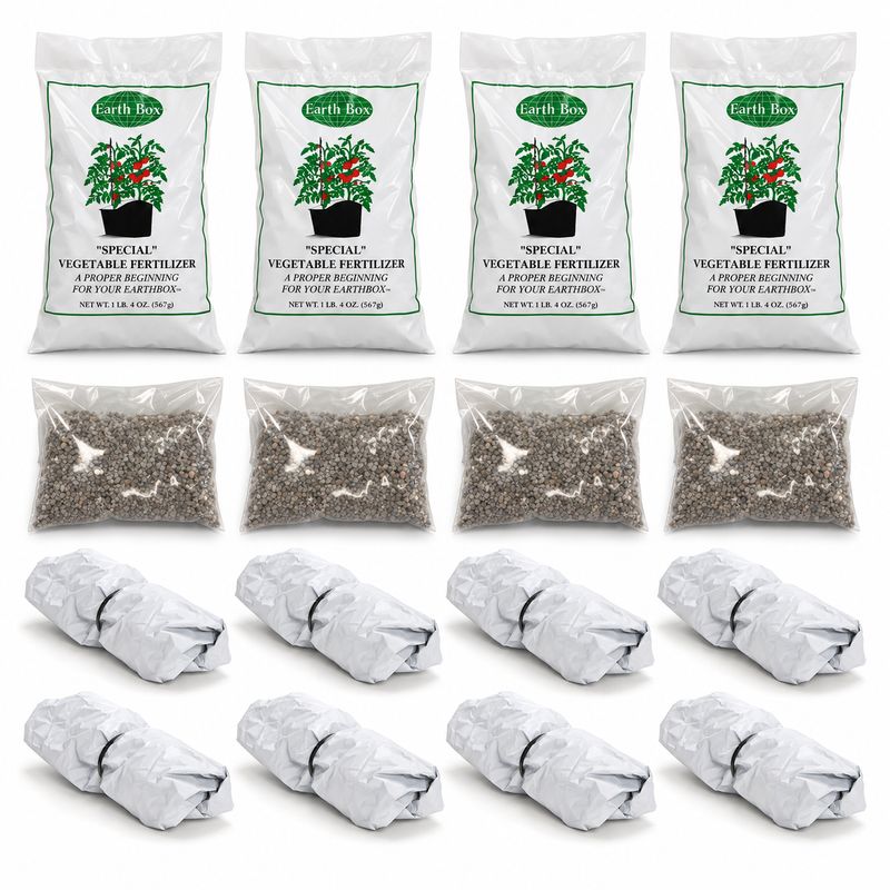 Four EarthBox Original replant kits: four vegetable fertilizer bags, four dolomite bags and eight elastic mulch covers