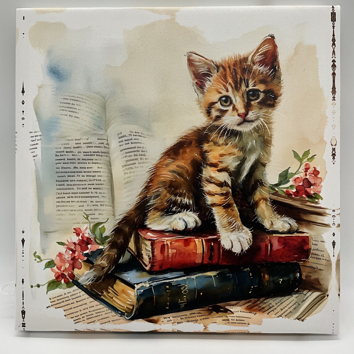 kitty on books canvas
